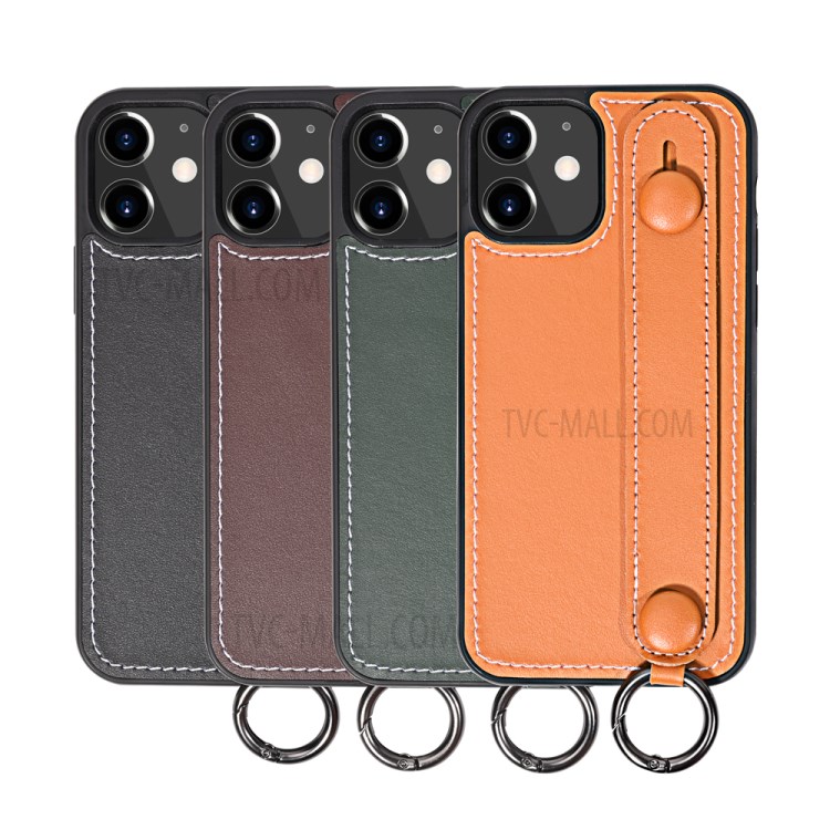 TPU+Genuine Leather Phone Case Shell with Strap Kickstand for iPhone 12 Pro / iPhone 12 - Black-8