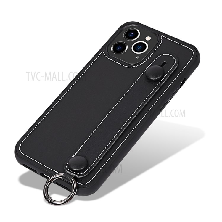 TPU+Genuine Leather Phone Case Shell with Strap Kickstand for iPhone 12 Pro Max - Black-1