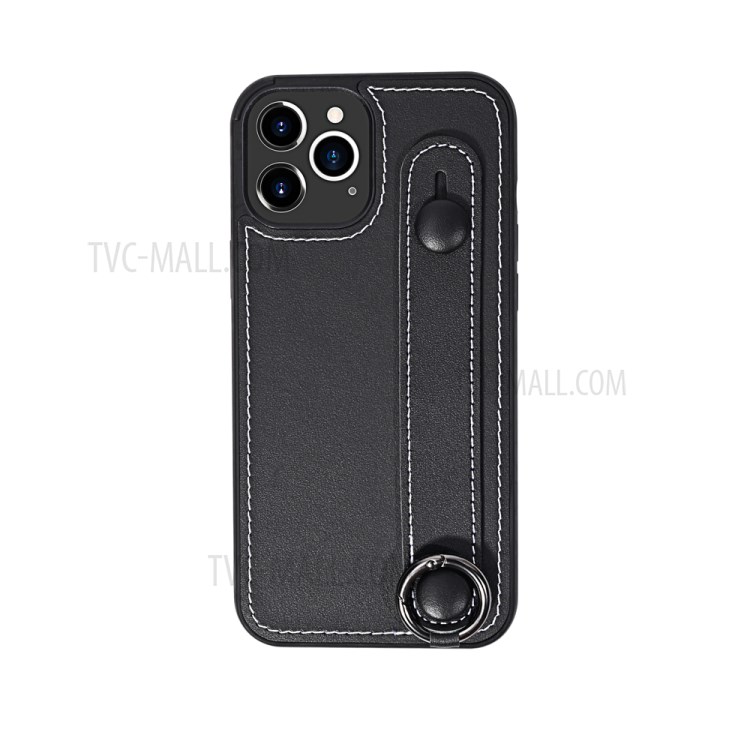 TPU+Genuine Leather Phone Case Shell with Strap Kickstand for iPhone 12 Pro Max - Black-2