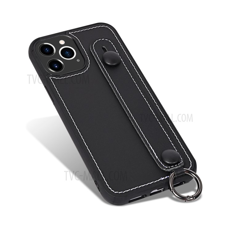 TPU+Genuine Leather Phone Case Shell with Strap Kickstand for iPhone 12 Pro Max - Black-3