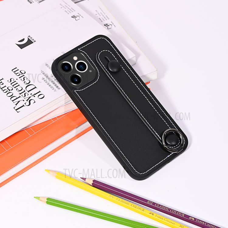 TPU+Genuine Leather Phone Case Shell with Strap Kickstand for iPhone 12 Pro Max - Black-7