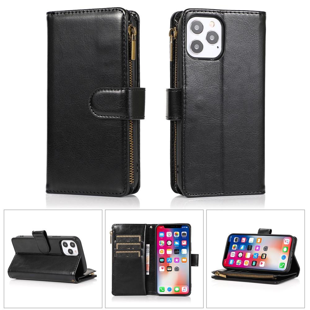 Crazy Horse Leather Coated TPU Wallet Phone Stand Case with 9 Card Slots Kickstand Shell for iPhone 12 Pro / iPhone 12 - Black-1