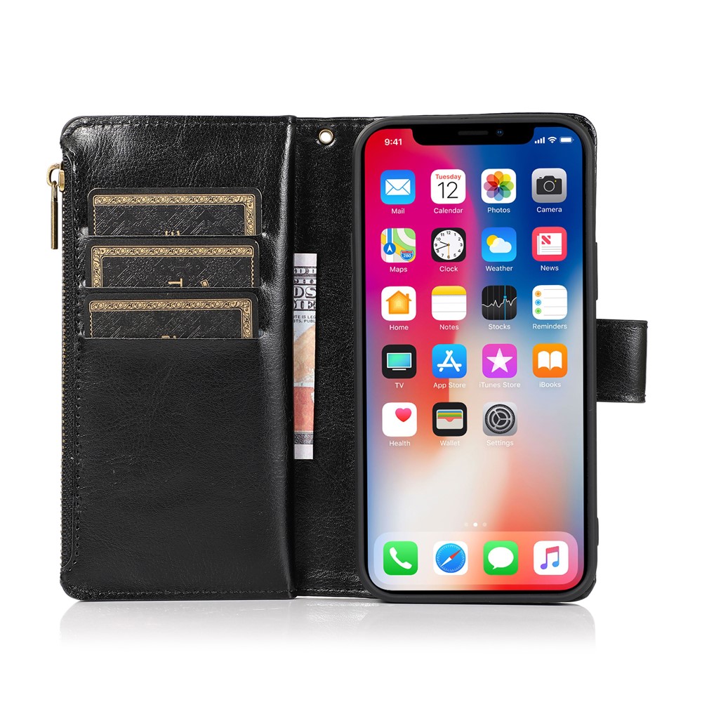 Crazy Horse Leather Coated TPU Wallet Phone Stand Case with 9 Card Slots Kickstand Shell for iPhone 12 Pro / iPhone 12 - Black-5