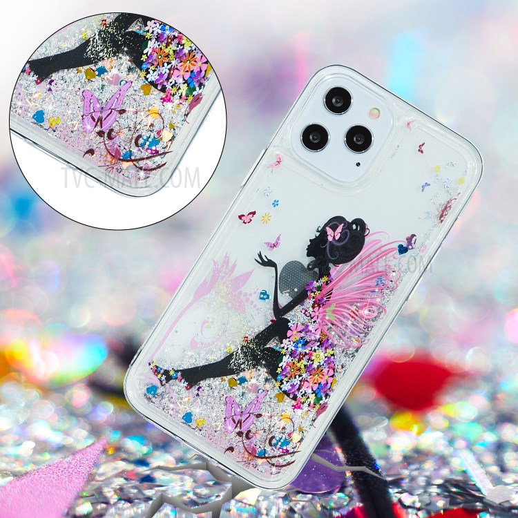 Embossed Pattern Printing Quicksand Glitter Powder TPU Case for iPhone 12 Pro Max - Flower Fairy-2