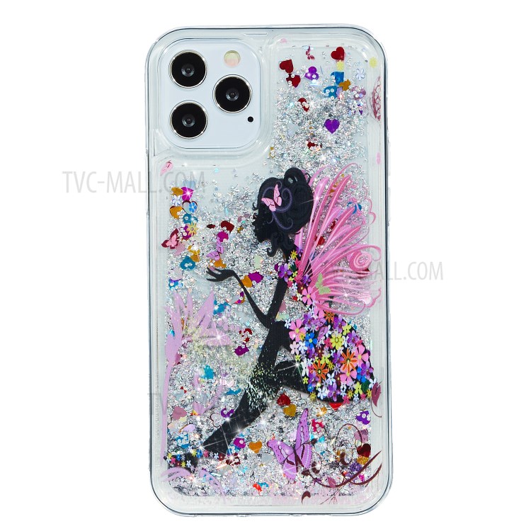 Quicksand Glitter Powder Embossed Pattern Printing TPU Case for iPhone 12/12 Pro - Flower Fairy-1