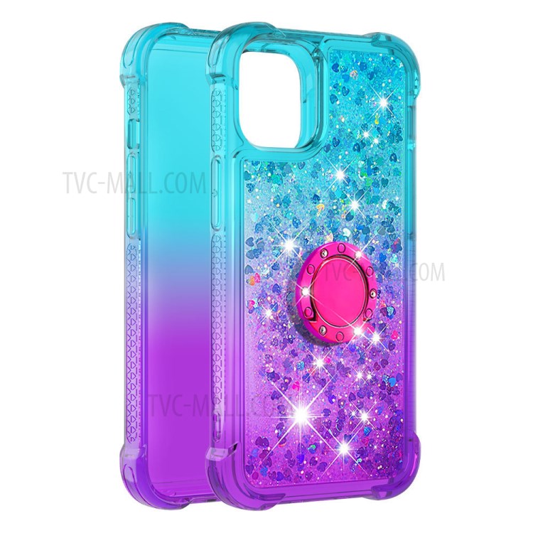 Shockproof Gradient Glitter Powder Quicksand TPU Case with Kickstand for iPhone 12 Pro Max - Cyan / Purple-3