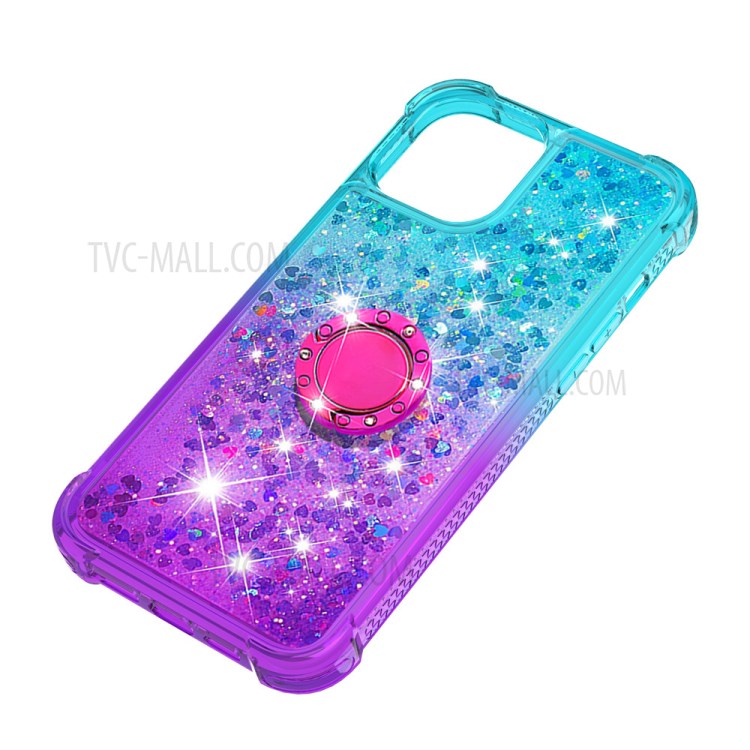 Shockproof Gradient Glitter Powder Quicksand TPU Case with Kickstand for iPhone 12 Pro Max - Cyan / Purple-6