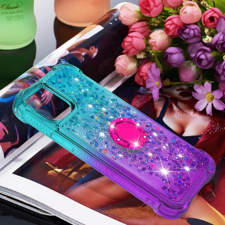 Shockproof Gradient Glitter Powder Quicksand TPU Case with Kickstand for iPhone 12 Pro Max - Cyan / Purple-7