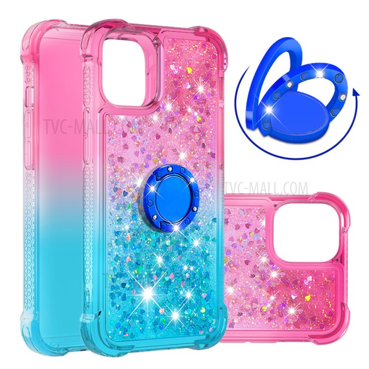 Shockproof Gradient Glitter Powder Quicksand TPU Case with Kickstand for iPhone 12 Pro Max - Rose / Cyan-1