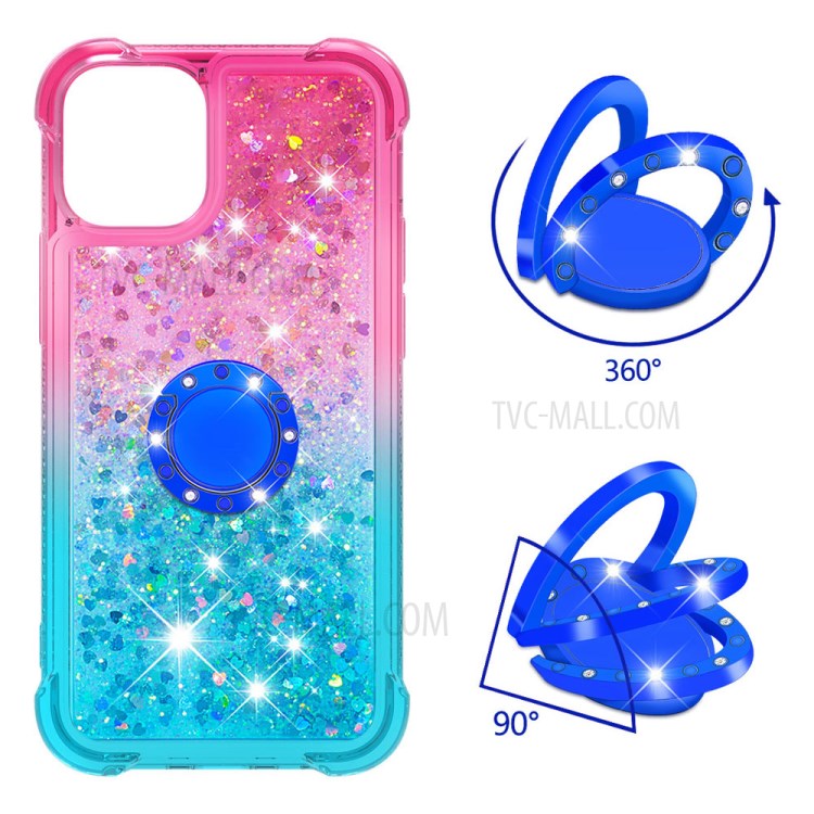 Shockproof Gradient Glitter Powder Quicksand TPU Case with Kickstand for iPhone 12 Pro Max - Rose / Cyan-2