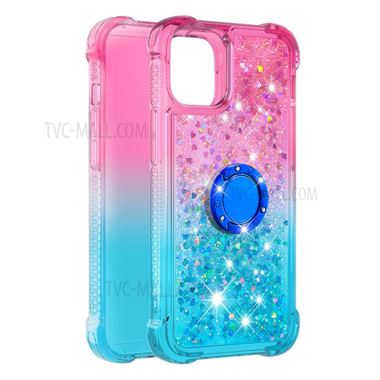 Shockproof Gradient Glitter Powder Quicksand TPU Case with Kickstand for iPhone 12 Pro Max - Rose / Cyan-3