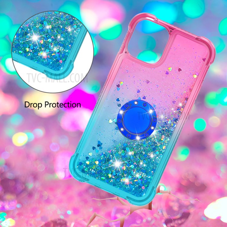 Shockproof Gradient Glitter Powder Quicksand TPU Case with Kickstand for iPhone 12 Pro Max - Rose / Cyan-5