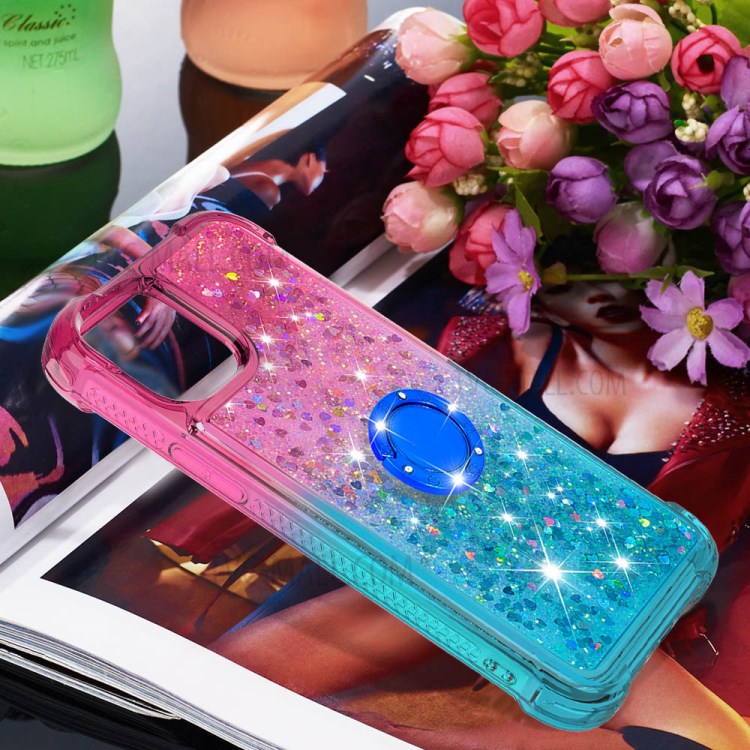 Shockproof Gradient Glitter Powder Quicksand TPU Case with Kickstand for iPhone 12 Pro Max - Rose / Cyan-7
