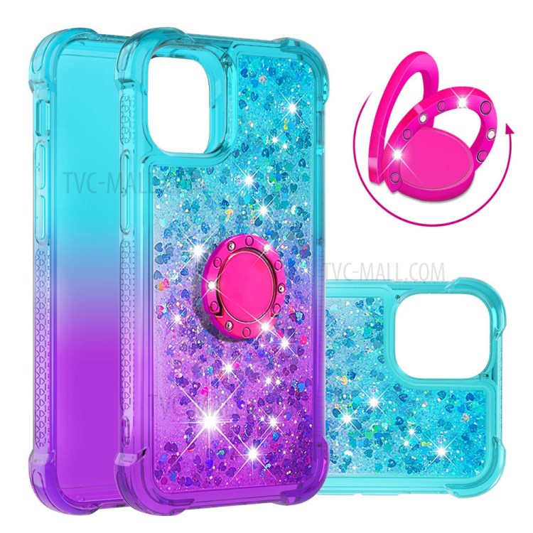 Shockproof Gradient Quicksand TPU Case with Kickstand for iPhone 12 mini Cover - Cyan / Purple-1