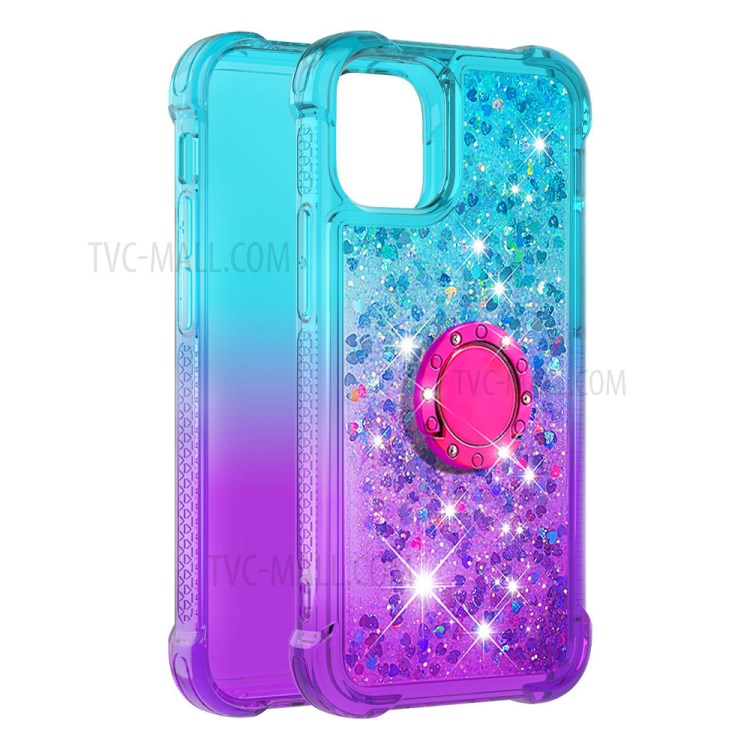 Shockproof Gradient Quicksand TPU Case for iPhone 12/12 Pro with Kickstand Cover - Cyan / Purple-3