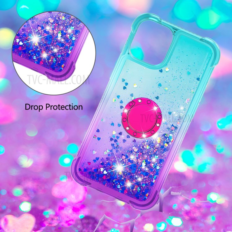 Shockproof Gradient Quicksand TPU Case for iPhone 12/12 Pro with Kickstand Cover - Cyan / Purple-5