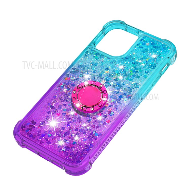 Shockproof Gradient Quicksand TPU Case for iPhone 12/12 Pro with Kickstand Cover - Cyan / Purple-6