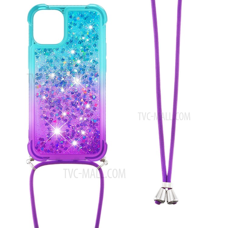 Shockproof Gradient Glitter Powder Quicksand TPU Phone Cover with Strap for iPhone 12 Pro Max - Cyan/Purple-2