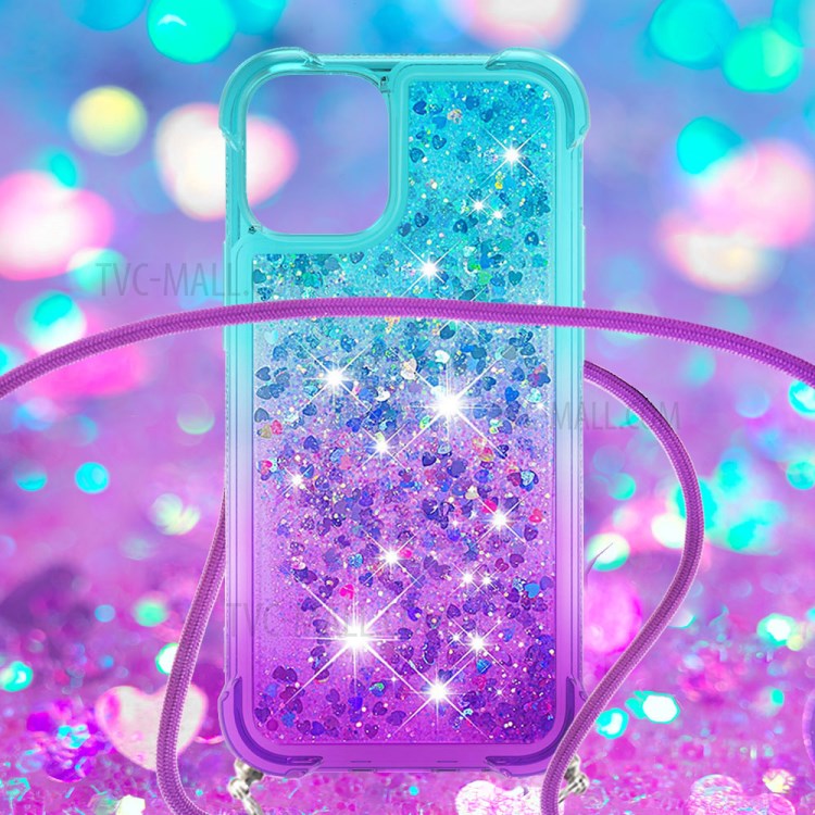 Shockproof Gradient Glitter Powder Quicksand TPU Phone Cover with Strap for iPhone 12 Pro Max - Cyan/Purple-4