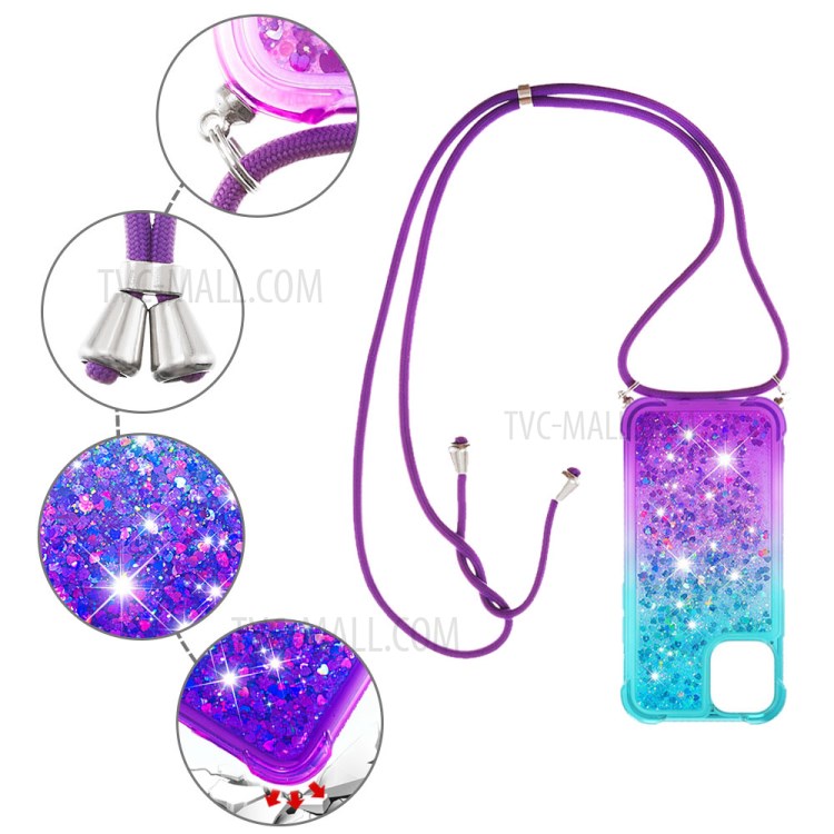 Shockproof Gradient Glitter Powder Quicksand TPU Phone Cover with Strap for iPhone 12 Pro Max - Cyan/Purple-5