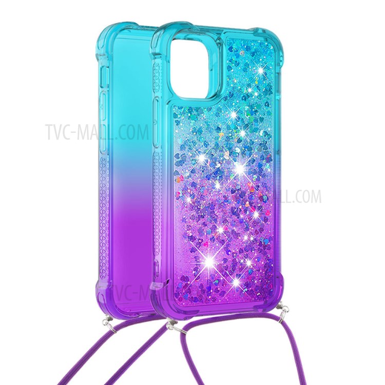 Shockproof Gradient Glitter Powder Quicksand TPU Back Case with Strap for iPhone 12 Pro/12 - Blue/Purple-1