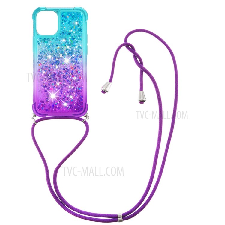 Shockproof Gradient Glitter Powder Quicksand TPU Back Case with Strap for iPhone 12 Pro/12 - Blue/Purple-3