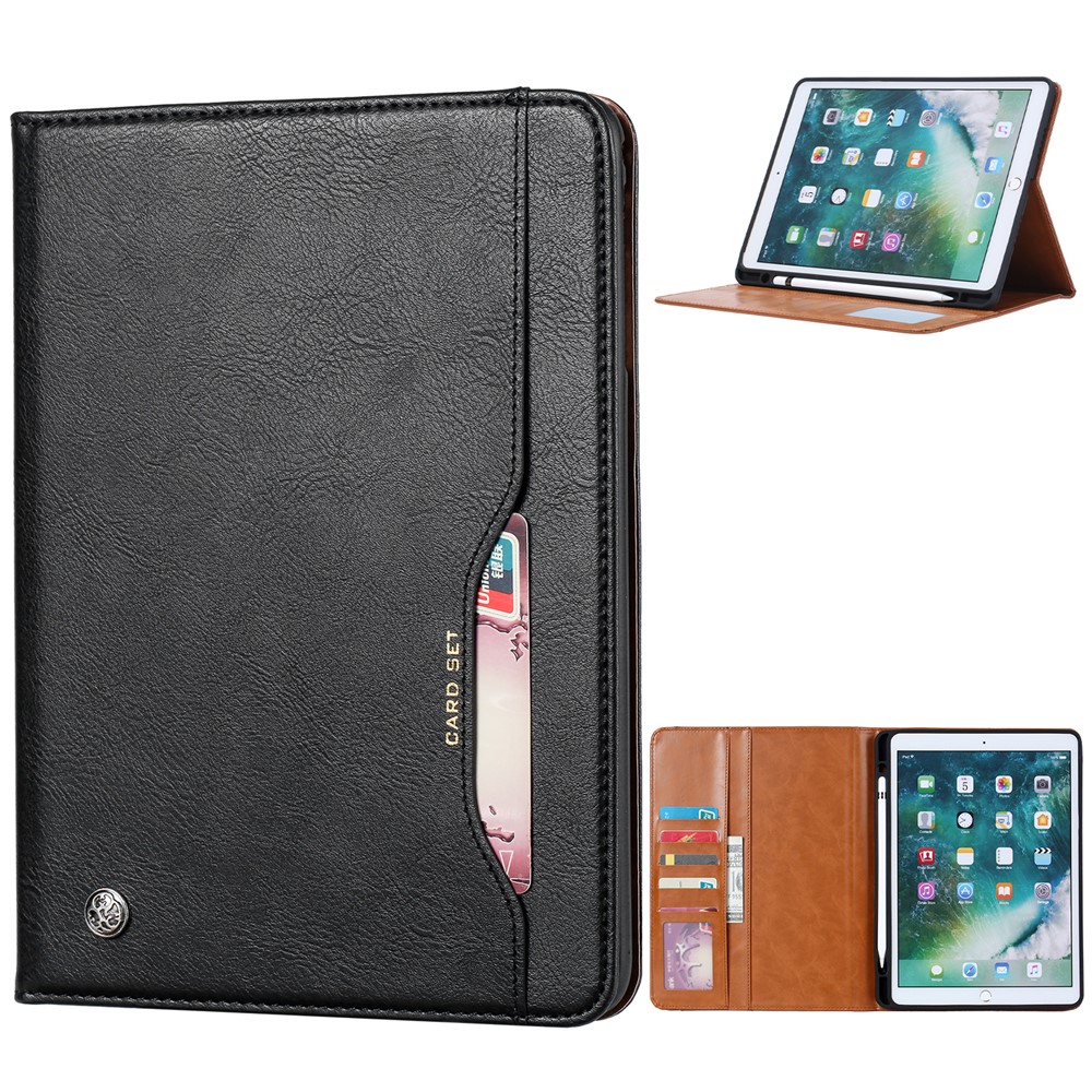 PU Leather Wallet Tablet Protector Cover with Pen Holder for iPad 10.2 (2020) - Black