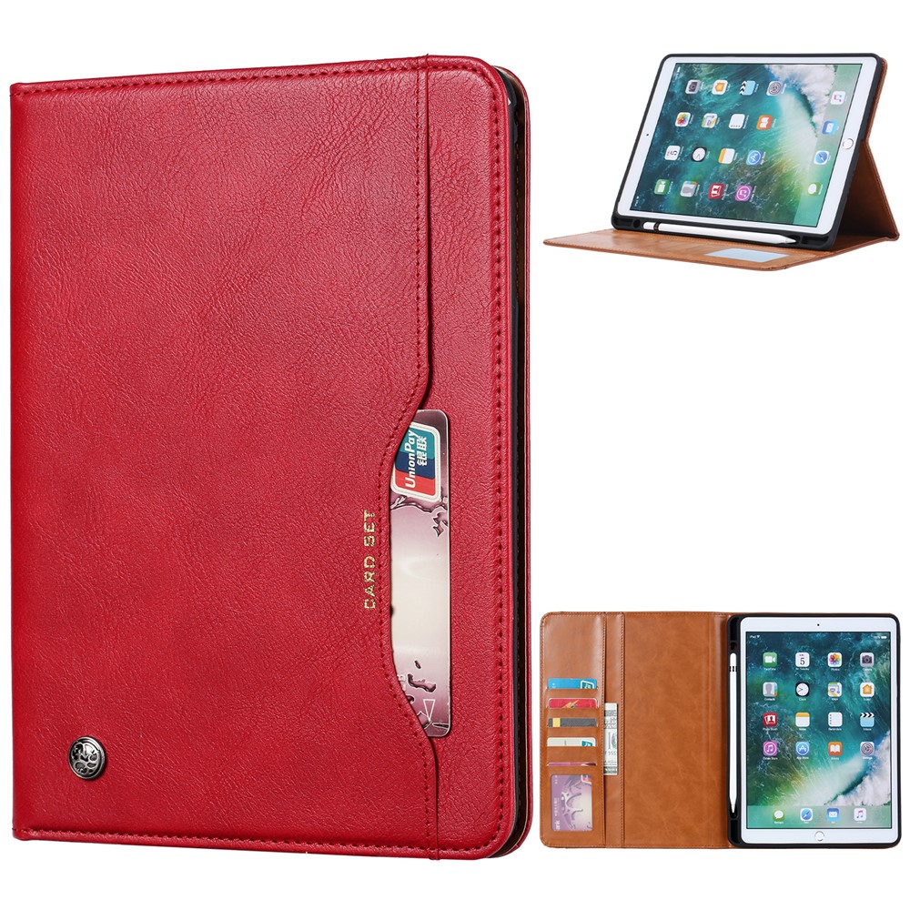 PU Leather Wallet Tablet Protector Cover with Pen Holder for iPad 10.2 (2020) - Red