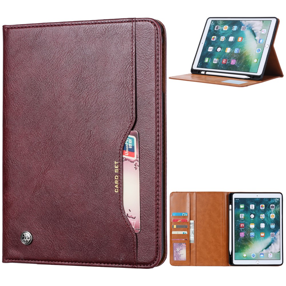 PU Leather Wallet Tablet Protector Cover with Pen Holder for iPad 10.2 (2020) - Wine Red