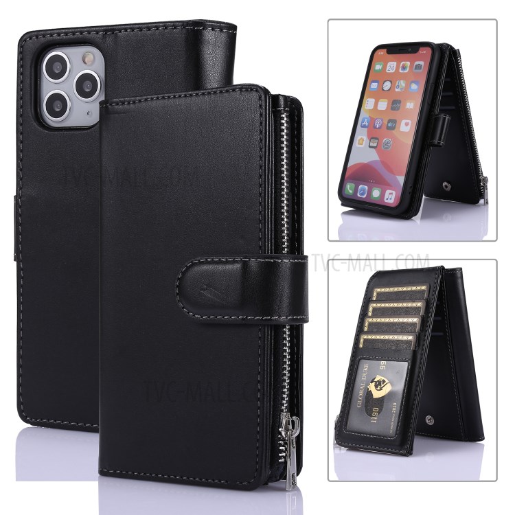 Leather Zipper Wallet Phone Cover Shell with Nine Card Slots for Apple iPhone 11 6.1 inch - Black-1