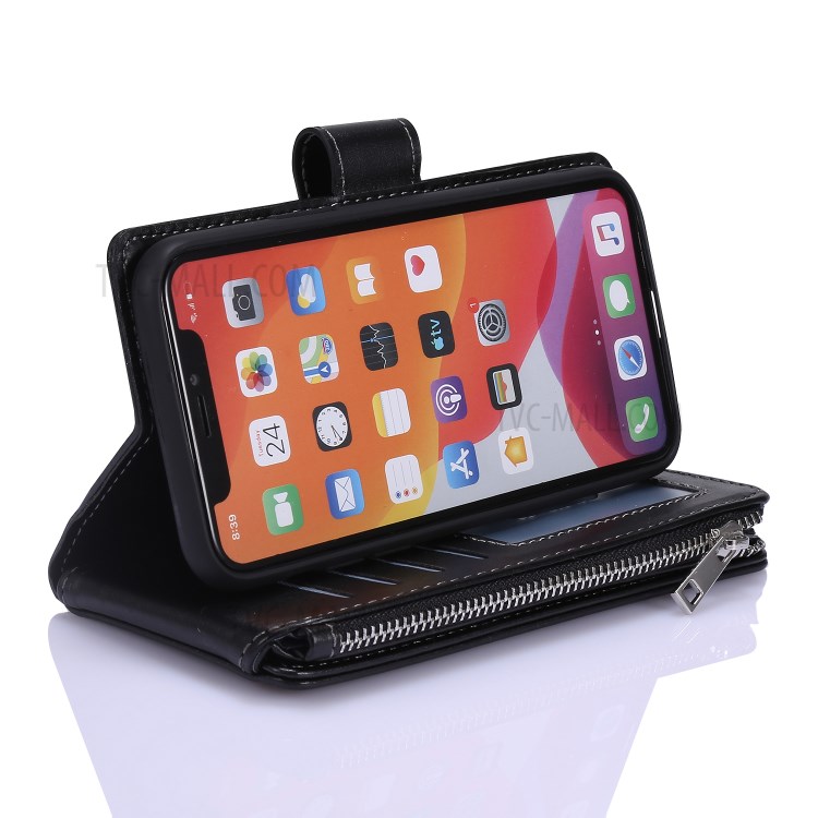 Leather Zipper Wallet Phone Cover Shell with Nine Card Slots for Apple iPhone 11 6.1 inch - Black-3