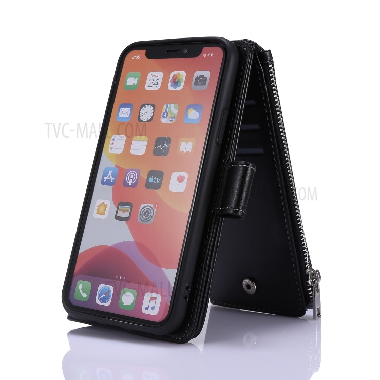 Leather Zipper Wallet Phone Cover Shell with Nine Card Slots for Apple iPhone 11 6.1 inch - Black-6