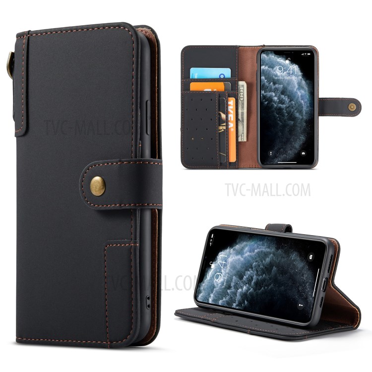 Split Leather Wallet Stand Phone Case Flip Shell with Strap for iPhone 12 Pro Max - Black-1