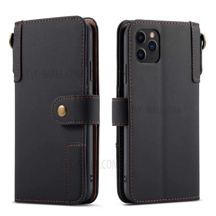 Split Leather Wallet Stand Phone Case Flip Shell with Strap for iPhone 12 Pro Max - Black-2