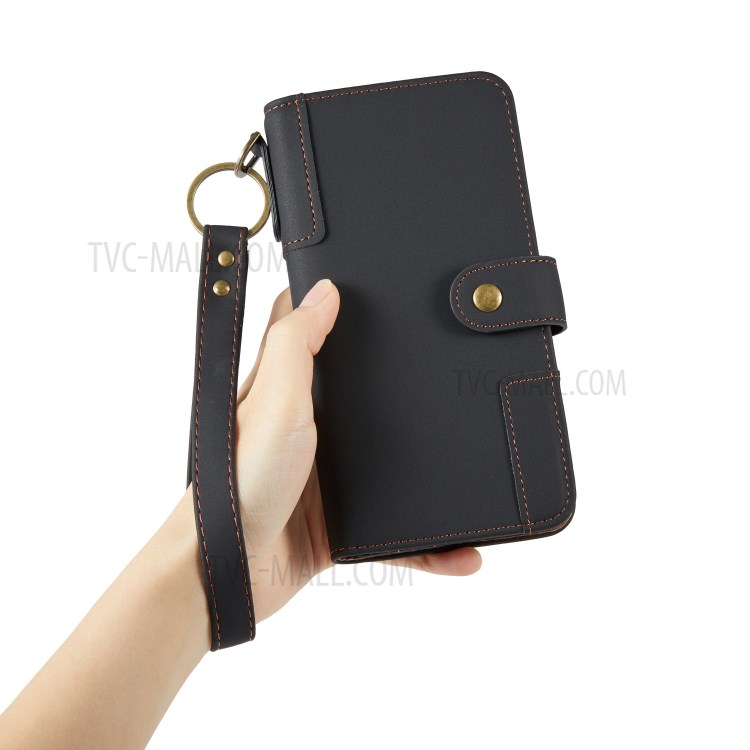 Split Leather Wallet Stand Phone Case Flip Shell with Strap for iPhone 12 Pro Max - Black-7