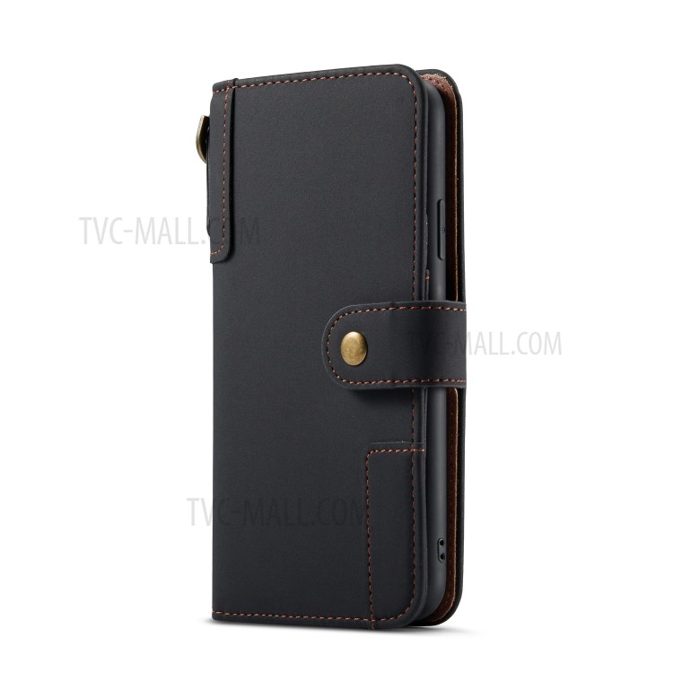 Split Cowhide Leather Wallet Stand Phone Cover with Strap for iPhone 12 mini - Black-3