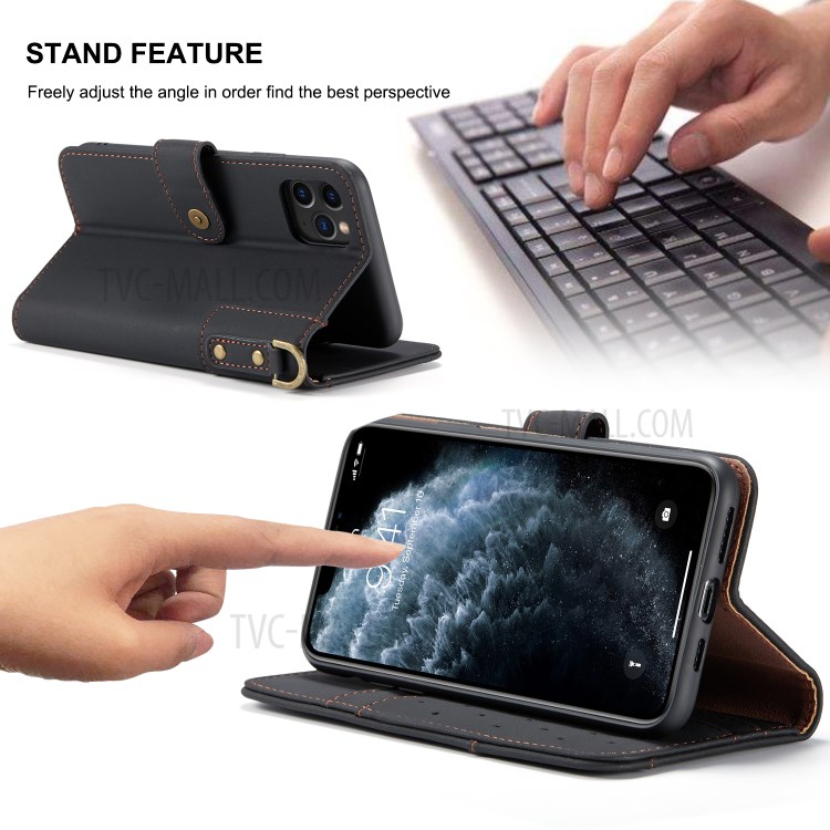 Cow Leather Wallet Phone Cover for with Slots + Wrist Strap iPhone 12/12 Pro - Black-10