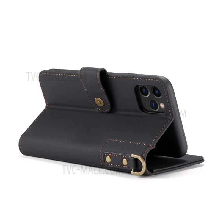 Cow Leather Wallet Phone Cover for with Slots + Wrist Strap iPhone 12/12 Pro - Black-5