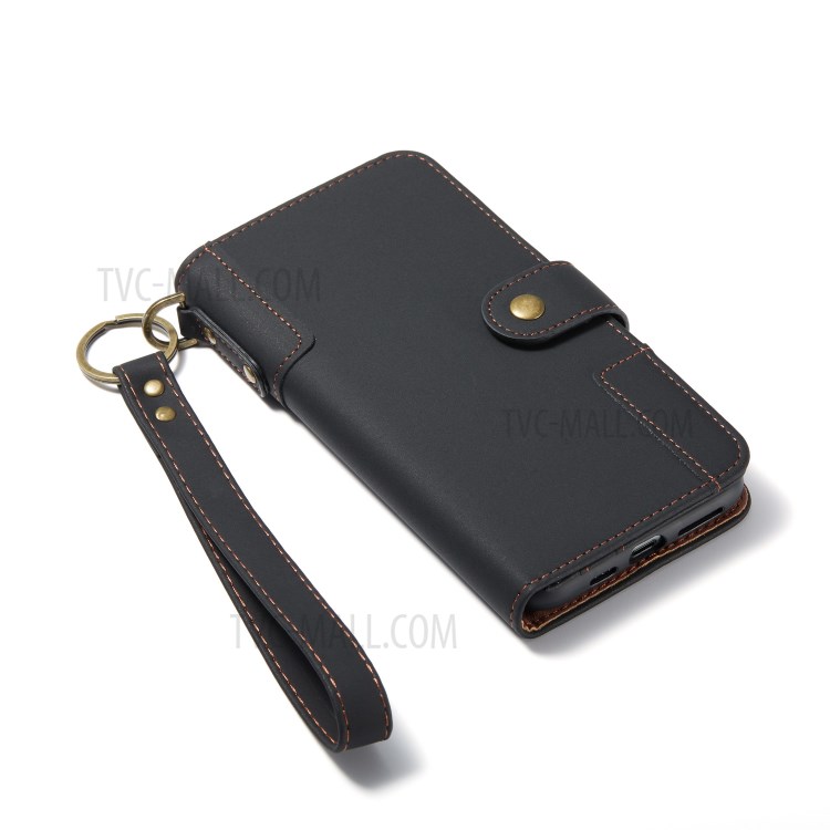 Cow Leather Wallet Phone Cover for with Slots + Wrist Strap iPhone 12/12 Pro - Black-6