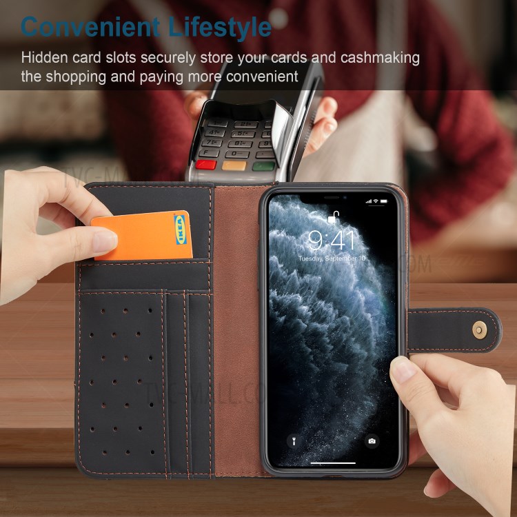 Cow Leather Wallet Phone Cover for with Slots + Wrist Strap iPhone 12/12 Pro - Black-8