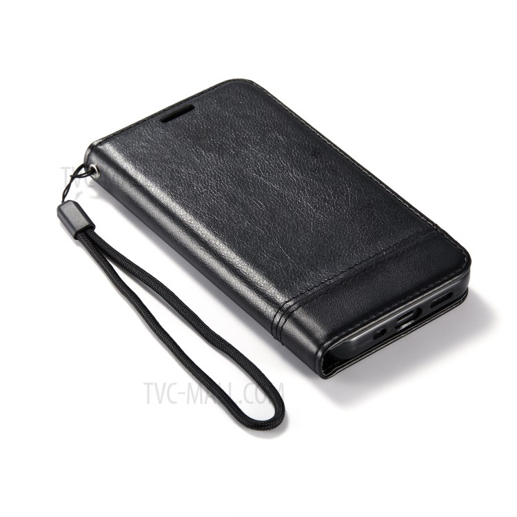 PU Leather Card Holder Phone Stand Cover with Strap for iPhone 12 Mini - Black-10