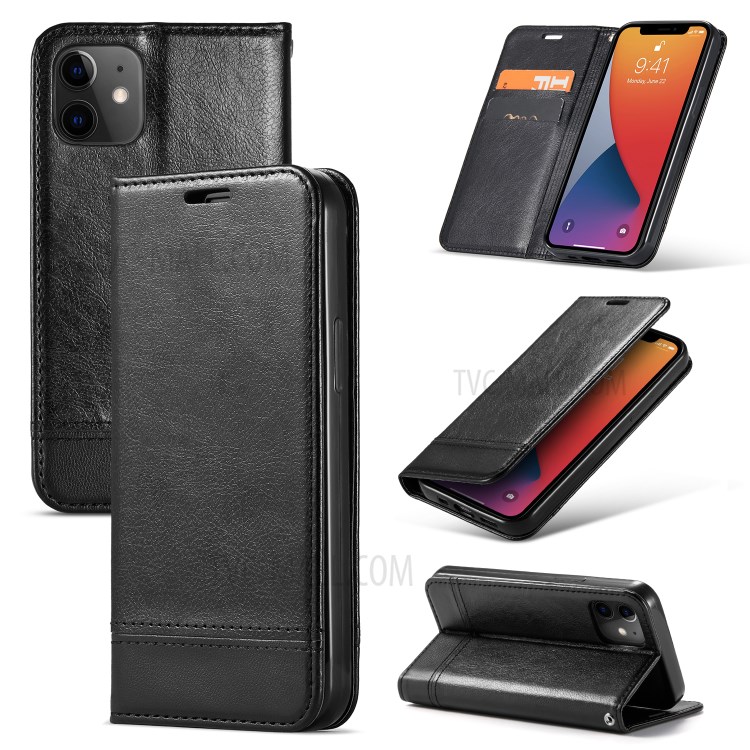 PU Leather Card Holder Phone Stand Cover with Strap for iPhone 12 Mini - Black-4