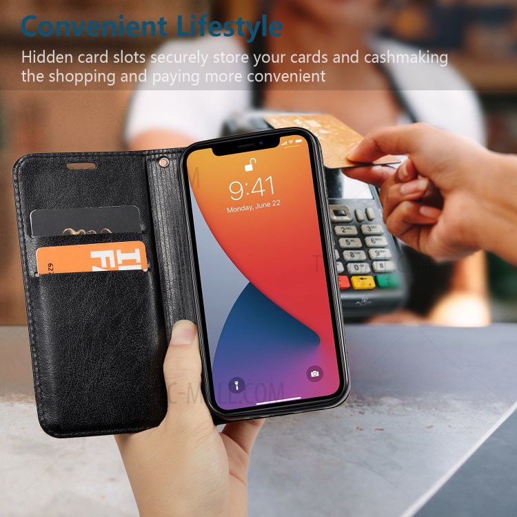 PU Leather Card Holder Phone Stand Cover with Strap for iPhone 12 / iPhone 12 Pro - Black-14