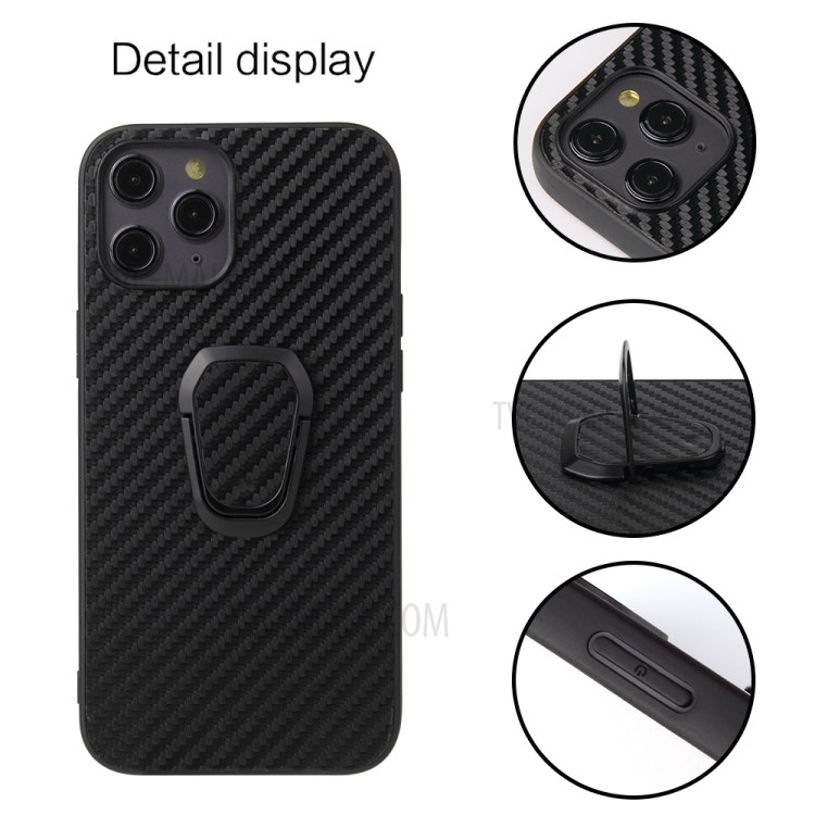 Finger Ring Holder PU Leather Skin TPU + PC Hybrid Phone Case for iPhone 12/12 Pro - Carbon Fiber-2