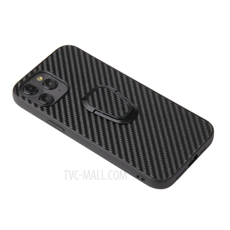 Finger Ring Holder PU Leather Skin TPU + PC Hybrid Phone Case for iPhone 12/12 Pro - Carbon Fiber-3