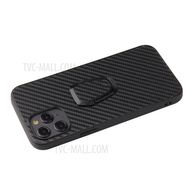 Finger Ring Holder PU Leather Skin TPU + PC Hybrid Phone Case for iPhone 12/12 Pro - Carbon Fiber-7