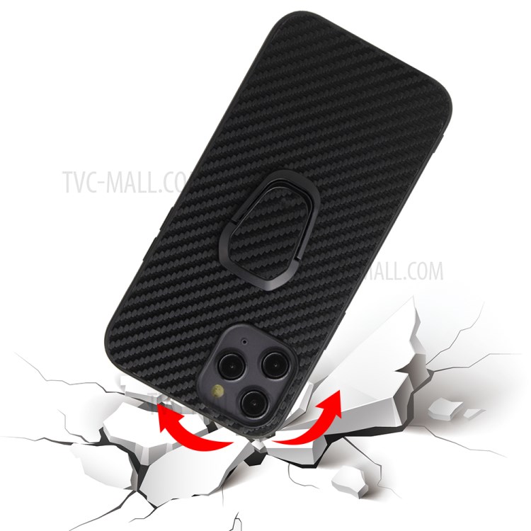 Finger Ring Holder PU Leather Skin TPU + PC Hybrid Phone Case for iPhone 12/12 Pro - Carbon Fiber-8