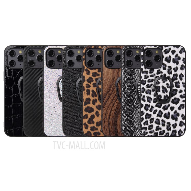 Finger Ring Holder PU Leather Skin TPU + PC Hybrid Phone Case for iPhone 12/12 Pro - Carbon Fiber-9