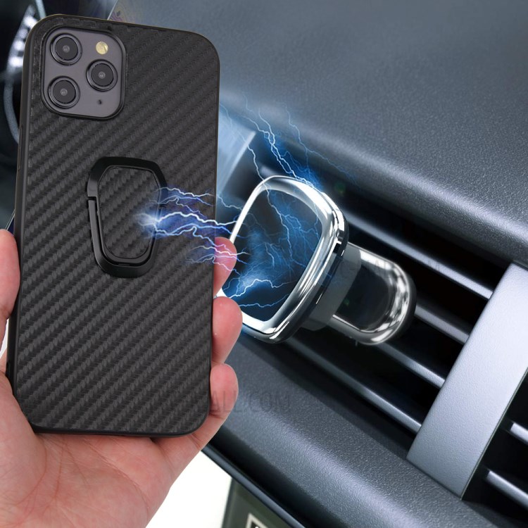 Ring Kickstand PU Leather Coated TPU + PC Hybrid Phone Case for iPhone 12 Pro Max - Carbon Fiber-10