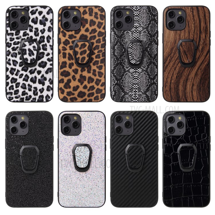 Ring Kickstand PU Leather Coated TPU + PC Hybrid Phone Case for iPhone 12 Pro Max - Carbon Fiber-12